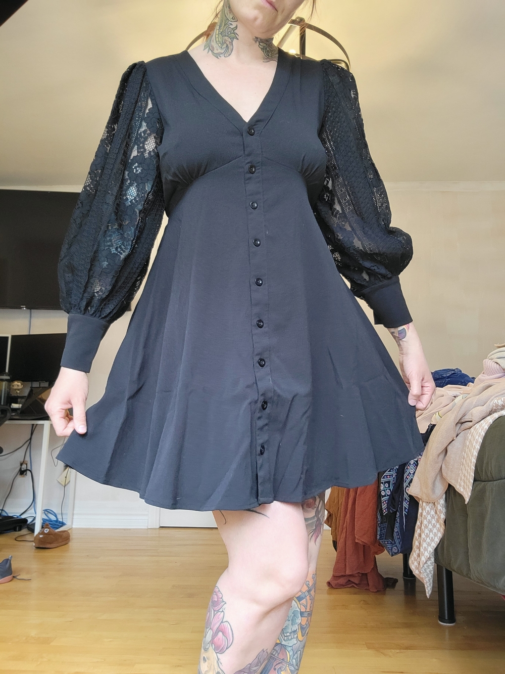 Disturbia Black V-Neck Mini Dress with Lace Bishop Sleeves